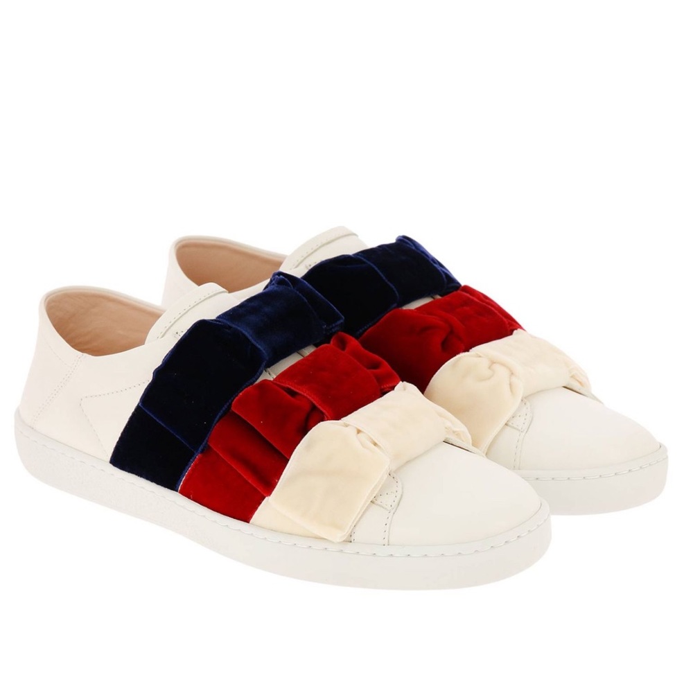 100% Authentic Gucci Women's Ace Leather & Velvet Bow Slip-On Sneakers